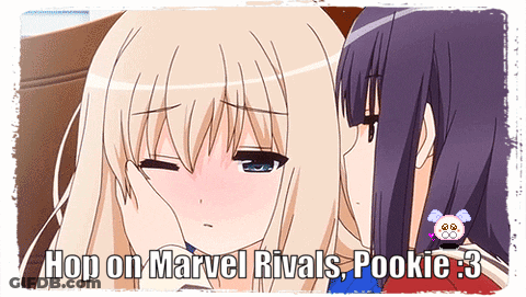 A Picture Of Two Anime Girls With The Words Hop On Marvel Rivals Pookie 3 GIF