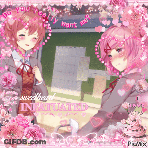 A Picture Of Two Anime Girls With The Words " Sweetheart Infatuated " On It GIF