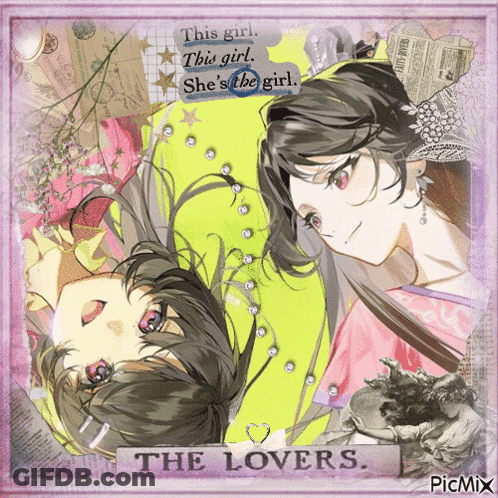 A Picture Of Two Anime Girls With The Words " The Lovers " On It GIF