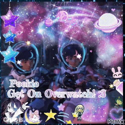 A Picture Of Two Astronauts With The Words " Pookie Get On Overwatch 3 " GIF