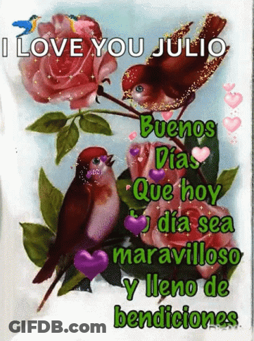 A Picture Of Two Birds And Roses With The Words " I Love You Julio " On The Bottom GIF