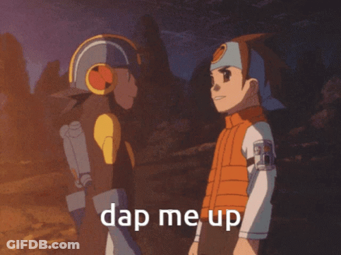 A Picture Of Two Cartoon Characters Holding Hands With The Caption " Dap Me Up " On The Bottom GIF