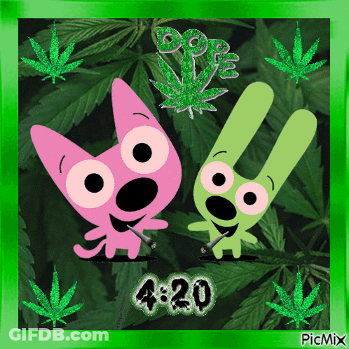 A Picture Of Two Cartoon Characters With Marijuana Leaves And 4:20 GIF