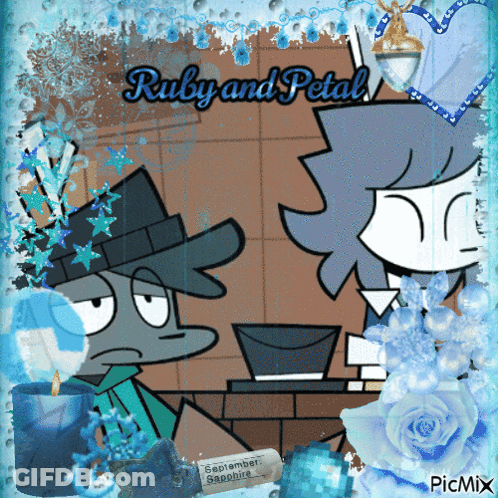 A Picture Of Two Cartoon Characters With The Words Ruby And Petal On Top GIF