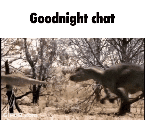 A Picture Of Two Dinosaurs With The Words " Goodnight Chat " Above Them GIF