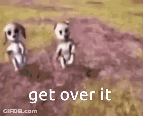 A Picture Of Two Dogs With The Words Get Over It Written On It GIF
