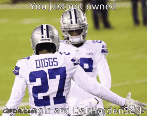 A Picture Of Two Football Players With The Caption " You Just Got Owned By Wungin And Dakhardenszn " GIF
