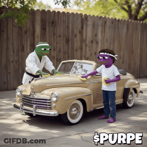 A Picture Of Two Frogs Washing A Car With The Word Purpe Underneath GIF