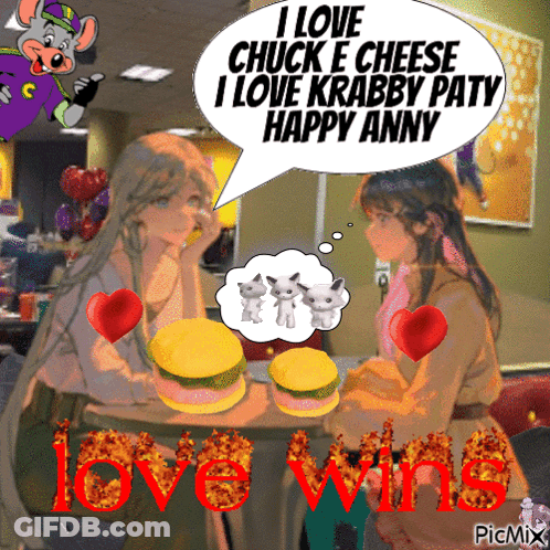 A Picture Of Two Girls Sitting At A Table With A Speech Bubble That Says I Love Chuck E Cheese GIF