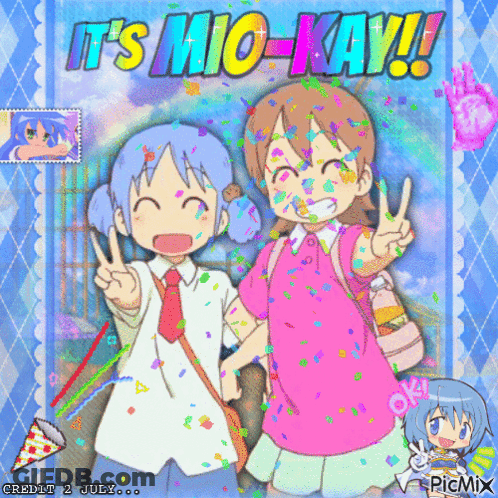 A Picture Of Two Girls With The Words It 'S Mio-Kay Written On It GIF