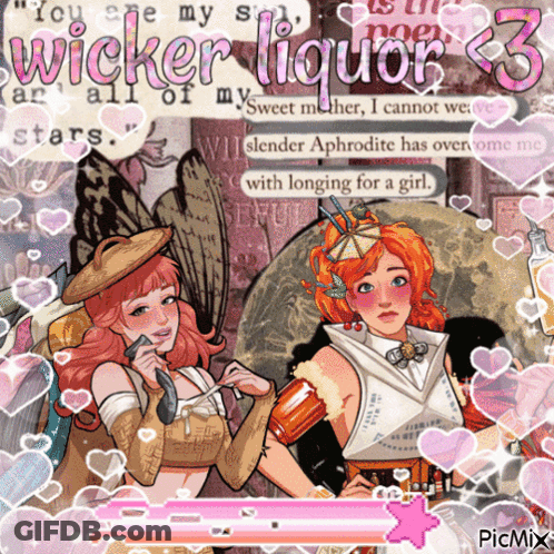 A Picture Of Two Girls With The Words Wicker Liquor 3 On The Top GIF