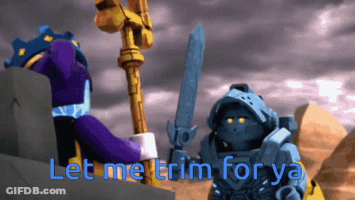 A Picture Of Two Lego Characters With The Words " Let Me Trim For Ya " GIF