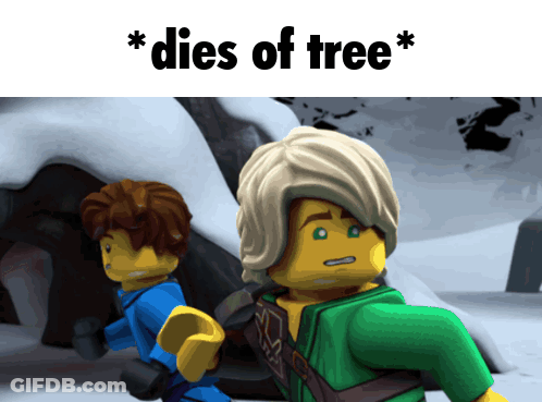 A Picture Of Two Lego Figures With The Caption " Dies Of Tree " Above Them GIF