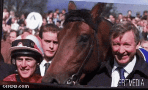 A Picture Of Two Men And A Horse With Bertmedia Written On It GIF