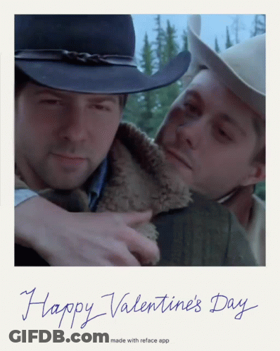 A Picture Of Two Men Hugging With The Words Happy Valentine 'S Day Made With Reface App GIF