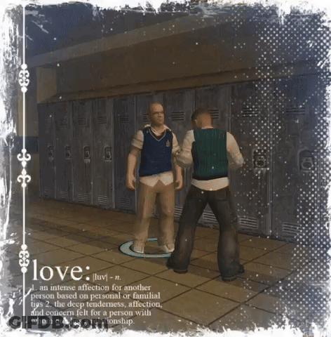 A Picture Of Two Men Standing Next To Each Other With The Word Love At The Bottom GIF