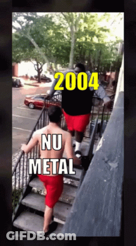 A Picture Of Two Men Walking Up Stairs With 2004 Nu Metal Written On The Bottom GIF