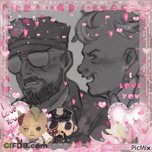A Picture Of Two Men With Hearts And The Words I Love You On The Bottom GIF