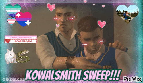 A Picture Of Two Men With Hearts And The Words Kowalsmith Sweep !!! GIF