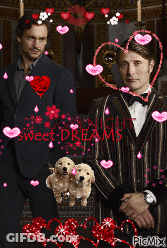 A Picture Of Two Men With Hearts Around Them And The Words Sweet Dreams On The Bottom GIF