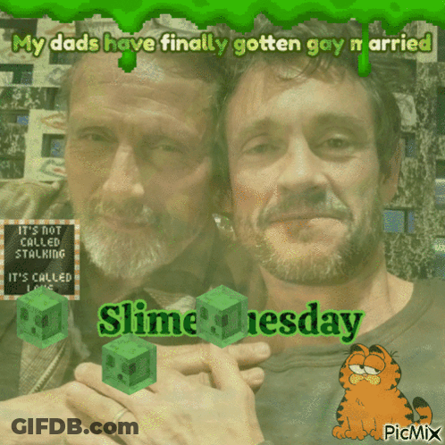 A Picture Of Two Men With The Caption " My Dads Have Finally Gotten Gay N Arrived Slime Tiesday " GIF