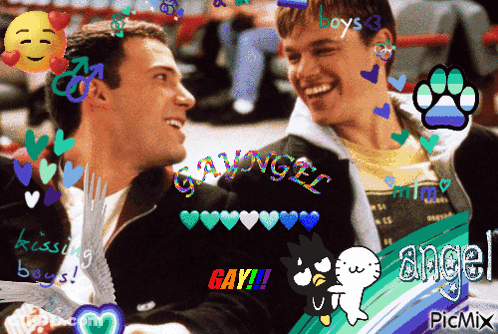 A Picture Of Two Men With The Words Gay Angel On The Bottom GIF