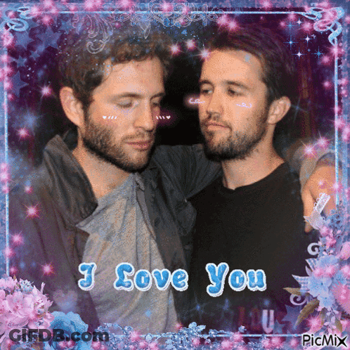 A Picture Of Two Men With The Words " I Love You " On It GIF