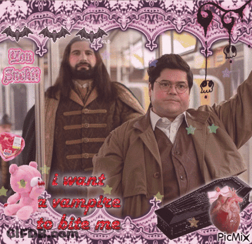 A Picture Of Two Men With The Words I Want A Vampire To Bite Me On It GIF