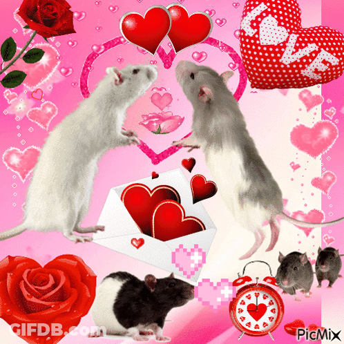 A Picture Of Two Mice Standing Next To An Envelope With Hearts In It GIF