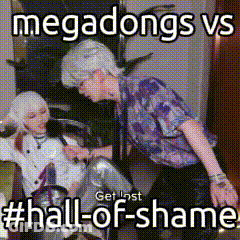 A Picture Of Two People With The Caption Megadongs Vs Hall-Of-Shame . GIF