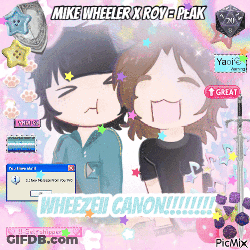 A Picture Of Two People With The Words Mike Wheeler X Roye Peak On The Bottom GIF