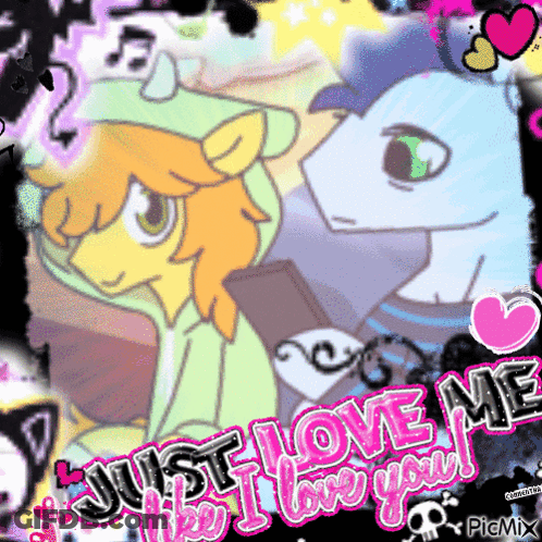 A Picture Of Two Ponies With The Words " Just Love Me Like I Love You " GIF