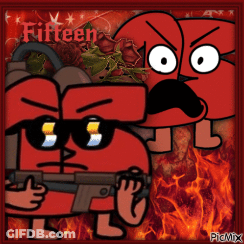 A Picture Of Two Red Cartoon Characters With The Words Fifteen On The Bottom GIF