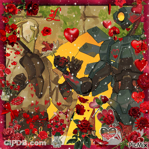 A Picture Of Two Robots Surrounded By Red Roses And Hearts With The Word Picmix In The Corner GIF