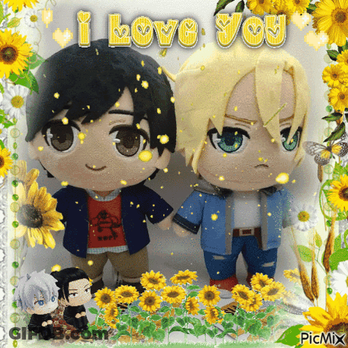 A Picture Of Two Stuffed Anime Characters With The Words " I Love You " On Top GIF