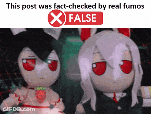 A Picture Of Two Stuffed Dolls With A Red X Next To Them That Says This Post Was Fact-Checked By Real Fumos GIF