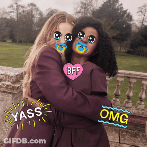 A Picture Of Two Women Hugging With A Heart That Says Bff On It GIF