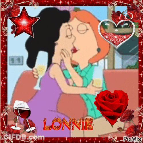 A Picture Of Two Women Kissing With The Name Lonnie In Red Letters GIF