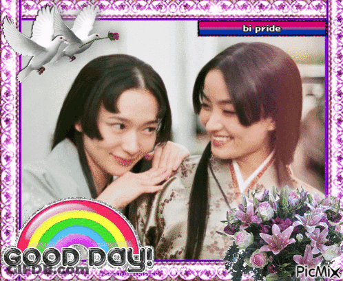 A Picture Of Two Women With A Rainbow And The Words Good Day On It GIF