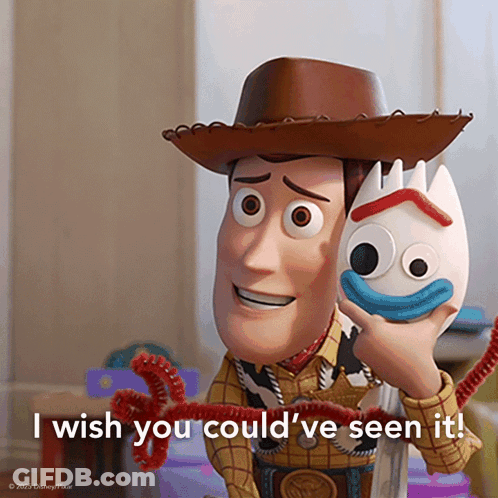 A Picture Of Woody From Toy Story Holding A Toy That Says " I Wish You Could 'Ve Seen It " GIF