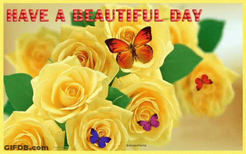 A Picture Of Yellow Roses And Butterflies With The Words Have A Beautiful Day GIF
