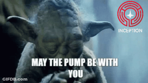 A Picture Of Yoda With The Words May The Pump Be With You On It GIF