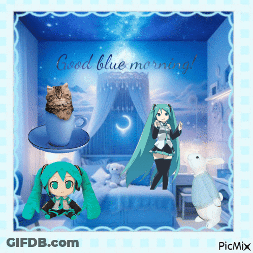 A Picture That Says Good Blue Morning With A Cat And A Girl GIF