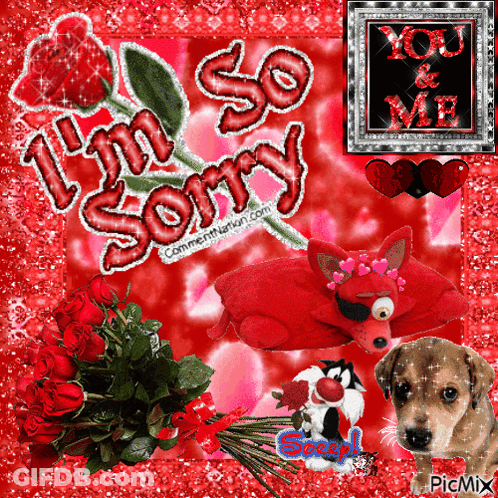 A Picture That Says I 'M So Sorry With A Dog And Stuffed Animals GIF