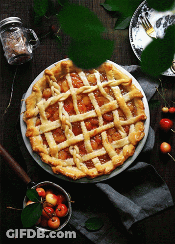 A Pie With A Lattice Crust Sits On A White Plate GIF