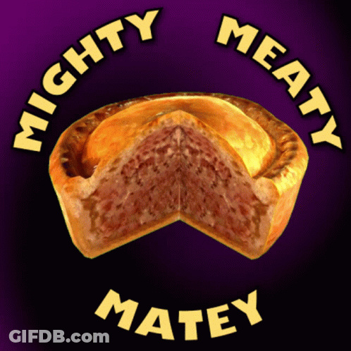 A Pie With A Slice Taken Out Of It And The Words Mighty Meaty Matey GIF