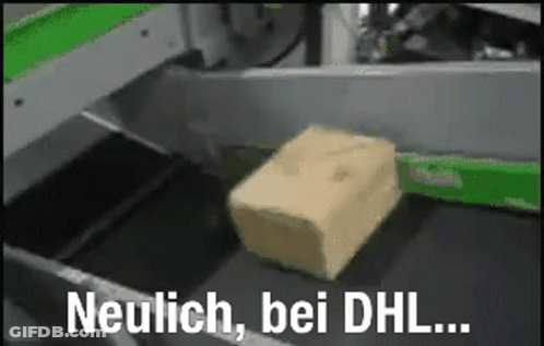 A Piece Of Cheese Is On A Conveyor Belt With The Words Neulich Bei Dhl Written Below It . GIF