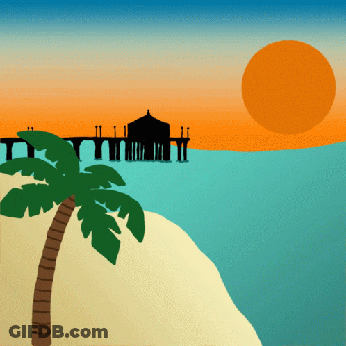 A Pier With A Palm Tree In The Foreground And A Sunset In The Background GIF