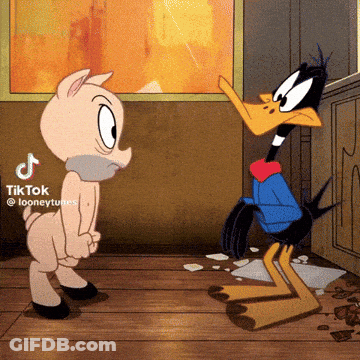 A Pig And A Duck From Looney Tunes Are Standing Next To Each Other In A Room GIF