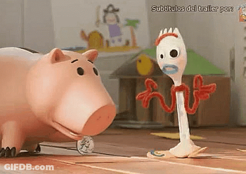 A Pig And A Fork Are Standing Next To Each Other In A Room . GIF